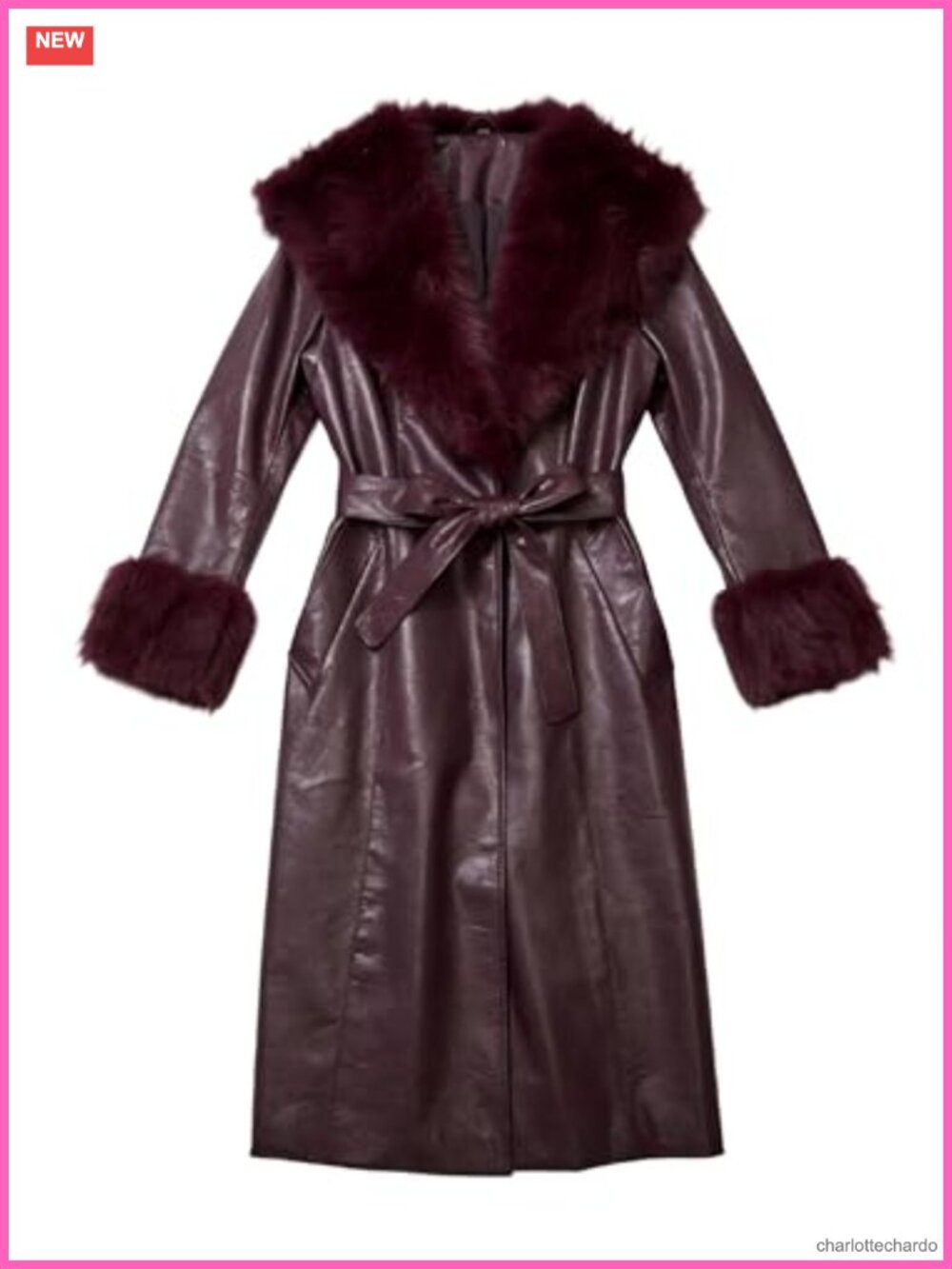 Faux Leather Belted Winter Coat with Faux Fur Collar